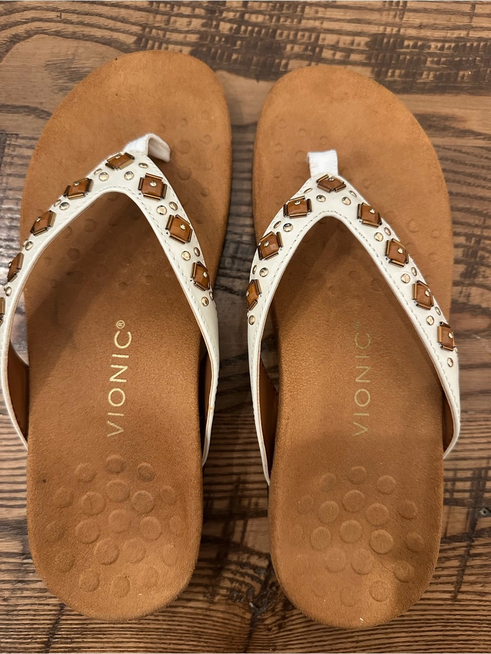 Vionic White Jewel-Embellished Thong Sandals with Tan Footbed